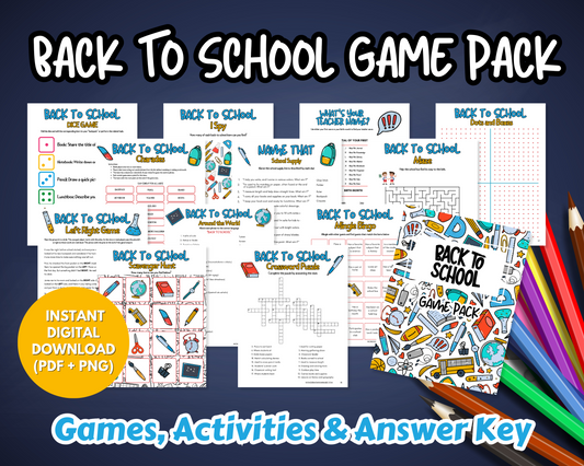Wondermom Shop’s Back to School Game Pack features brain-boosting games for kids, printable classroom activities, and an answer key—all in a digital download. The pack is shown on a blue background with colored pencils.
