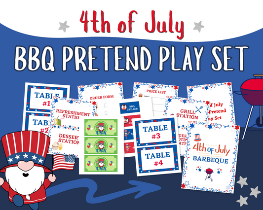 Celebrate the 4th with Wondermom Shop’s 4th of July BBQ Pretend Play Set—includes printable signs, order forms, price lists, and table numbers in red, white & blue for festive imaginative play!.