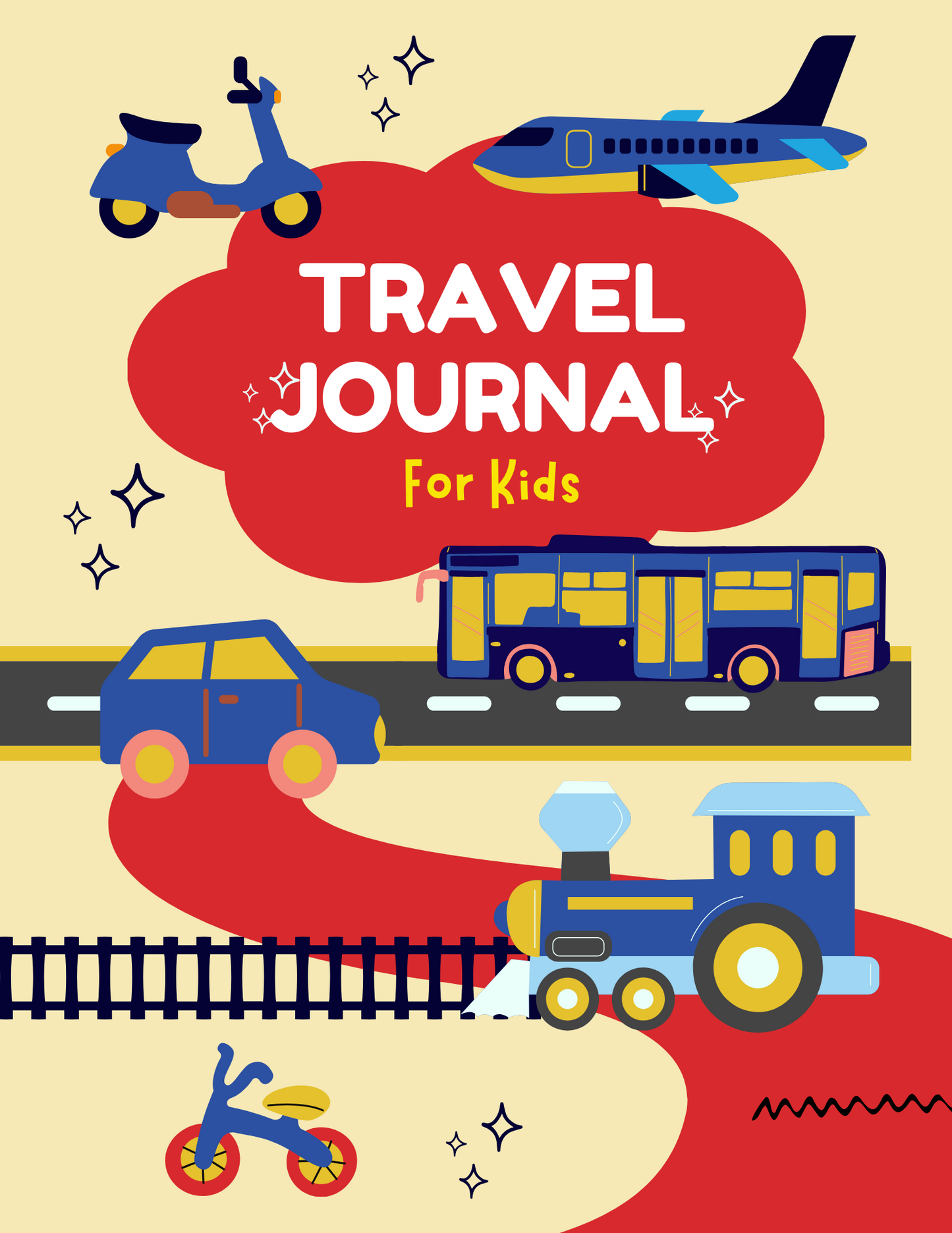 The illustrated cover of Wondermom Shop’s "Travel Journal for Kids – Fun, Easy & Memorable Vacation Keepsake!" features playful travel icons and offers a colorful way for kids to capture and remember their adventures.