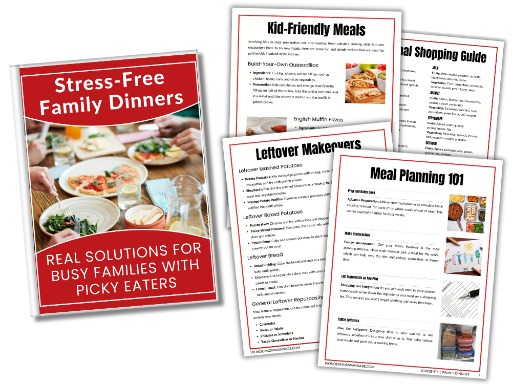 Assorted meal planning guides with titles like "Stress-Free Family Dinners: Real Solutions for Busy Families with Picky Eaters" and "Family-Friendly Meals," featuring images of food and text from Wondermom Shop.