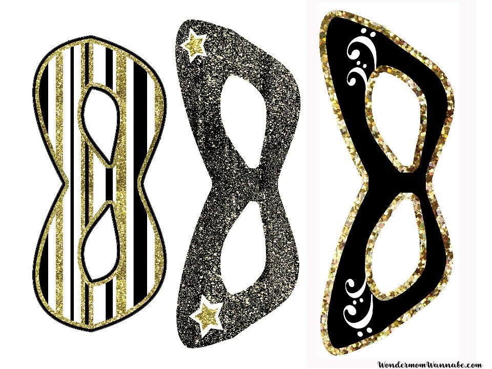 Three black and gold masks for a printable VIP Vault New Year’s Eve Party Planning Kit on a white background.