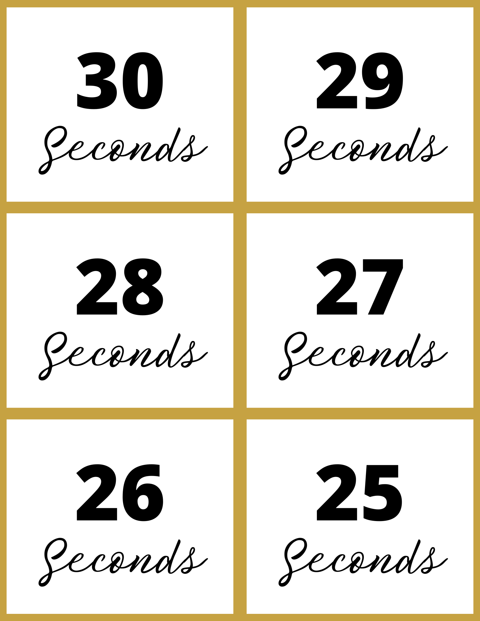 Countdown from 30 to 25 seconds with six elegantly displayed squares on Wondermom Shop's interactive printable board, a must-have for your New Year Countdown Kit!.