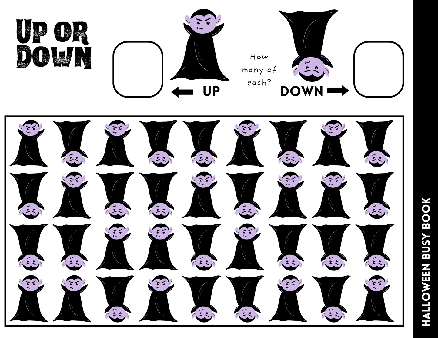 The Halloween Busy Book from Wondermom Shop features a page with cartoon vampires, oriented both upwards and downwards. This engaging Halloween-themed activity prompts kids with "How many of each?", seamlessly combining fun and educational play.