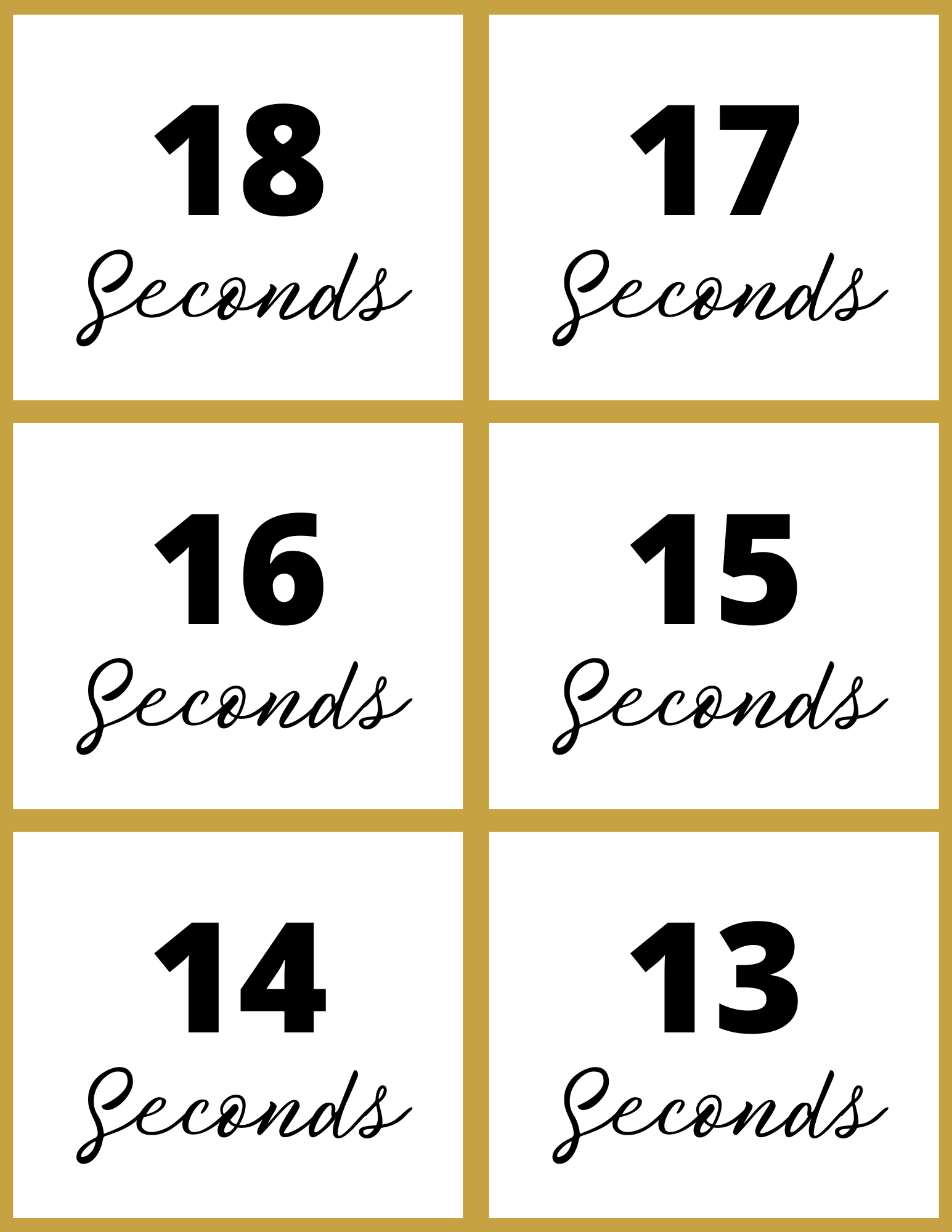 Countdown from 18 to 13 seconds shown on six tiles, each featuring a number and the word "Seconds" in cursive. The Wondermom Shop's New Year Countdown Kit adds excitement to any countdown board with its interactive printable design.