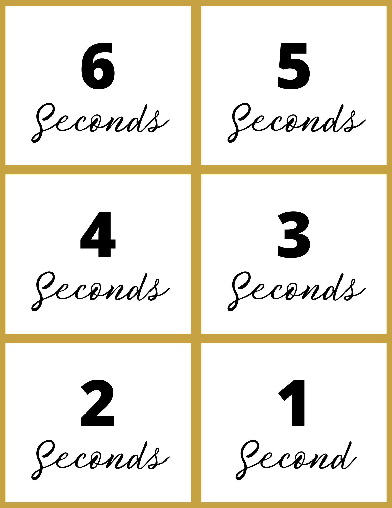 Experience the anticipation with Wondermom Shop's New Year Countdown Kit featuring a 6 to 1 second countdown in black text on white, each number in its box. Perfect for your celebration!.