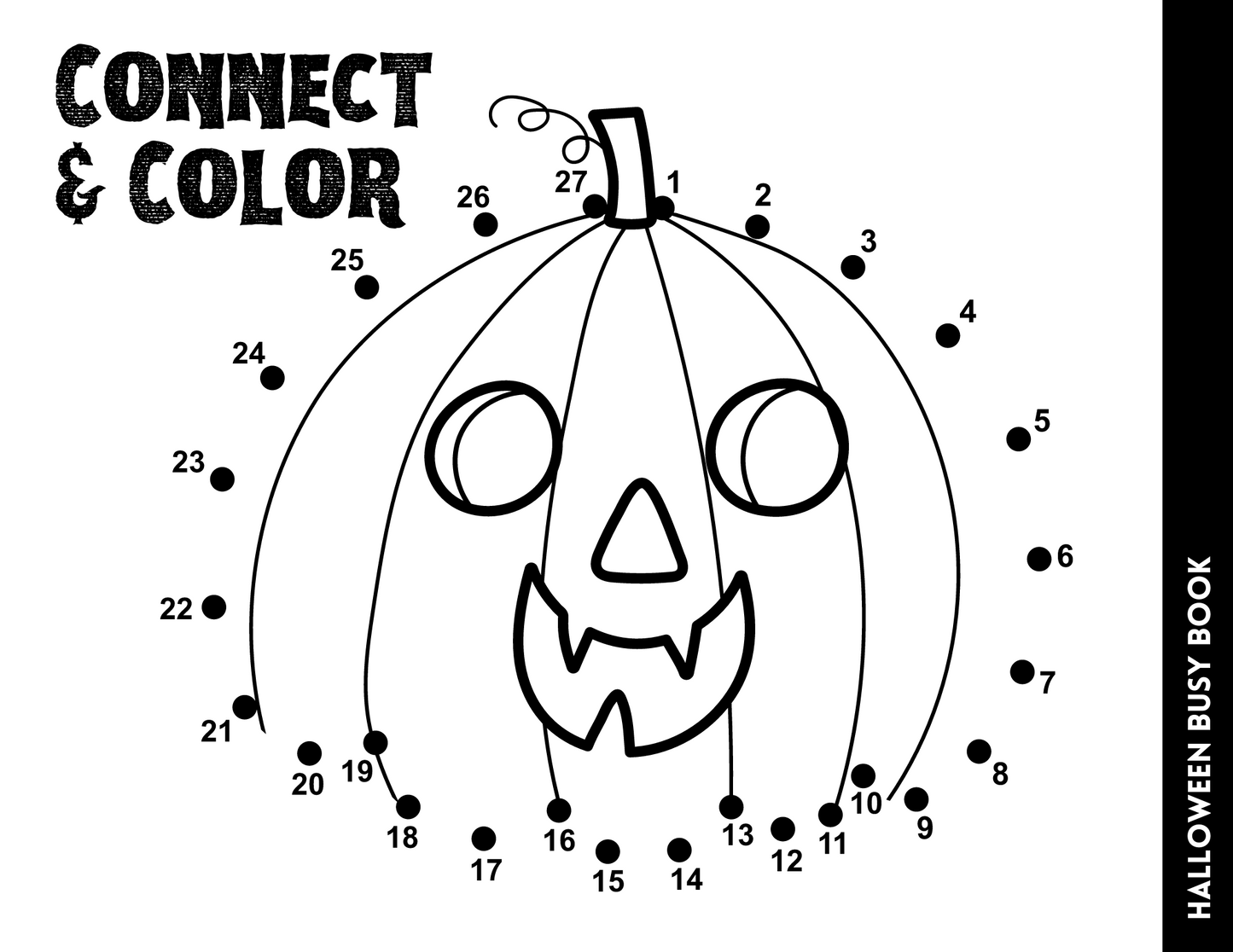 Explore the *Halloween Busy Book for Kids* by Wondermom Shop and enjoy a thrilling connect-the-dots activity. Connect numbers 1 to 27 to unveil a pumpkin with a jack-o'-lantern face, offering a delightful way to learn and play with Halloween-themed activities.