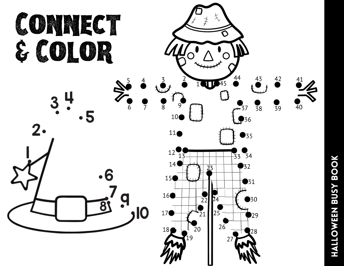 Delight in a Halloween-themed activity page from our "Halloween Busy Book for Kids" by Wondermom Shop, highlighting a scarecrow and a witch hat. Enjoy an enchanting connect-the-dots and coloring adventure with numbered dots.