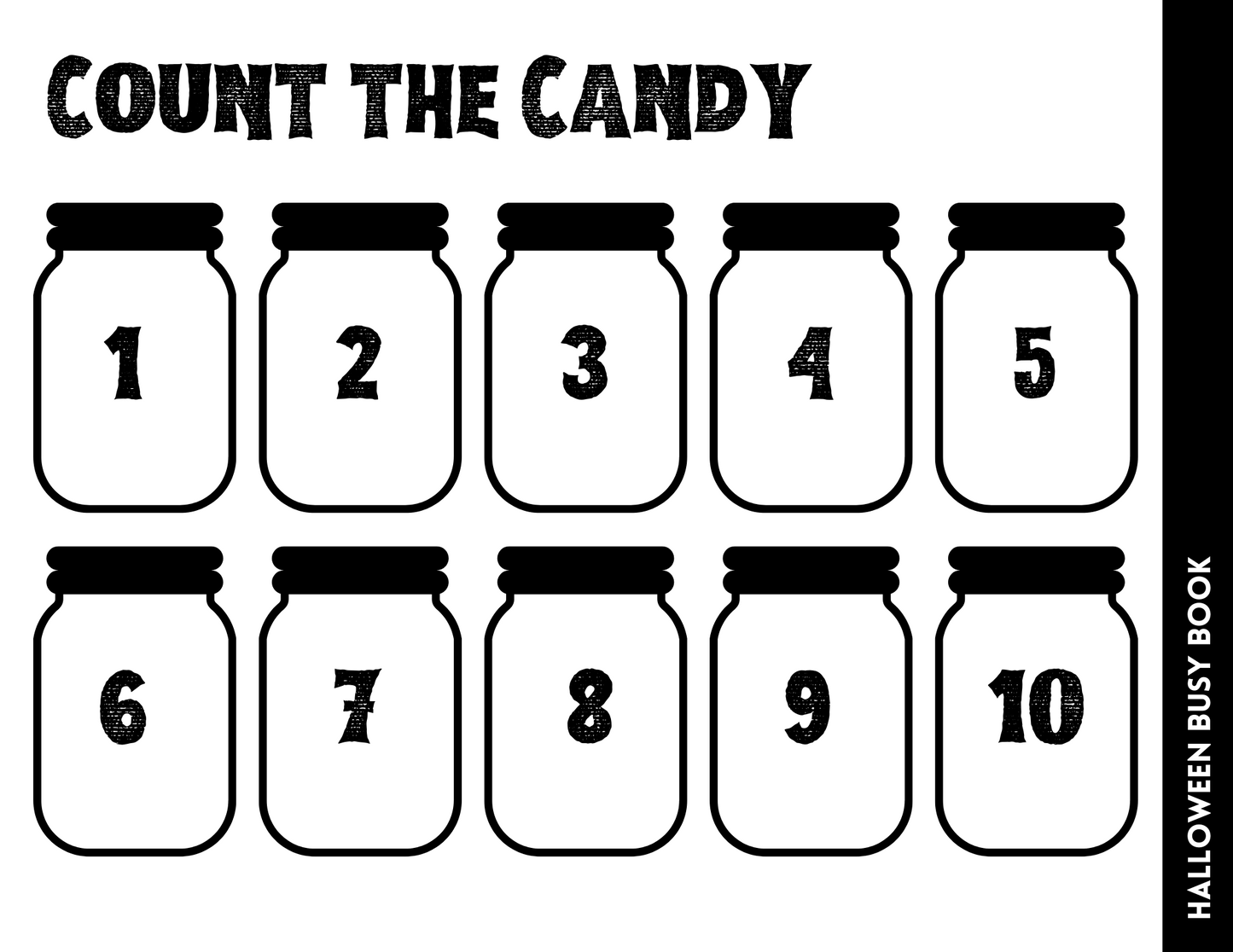 The Halloween Busy Book for Kids by Wondermom Shop makes a perfect Halloween-themed activity with its ten jars labeled 1 to 10 for counting candy, adding a festive twist to the fun.