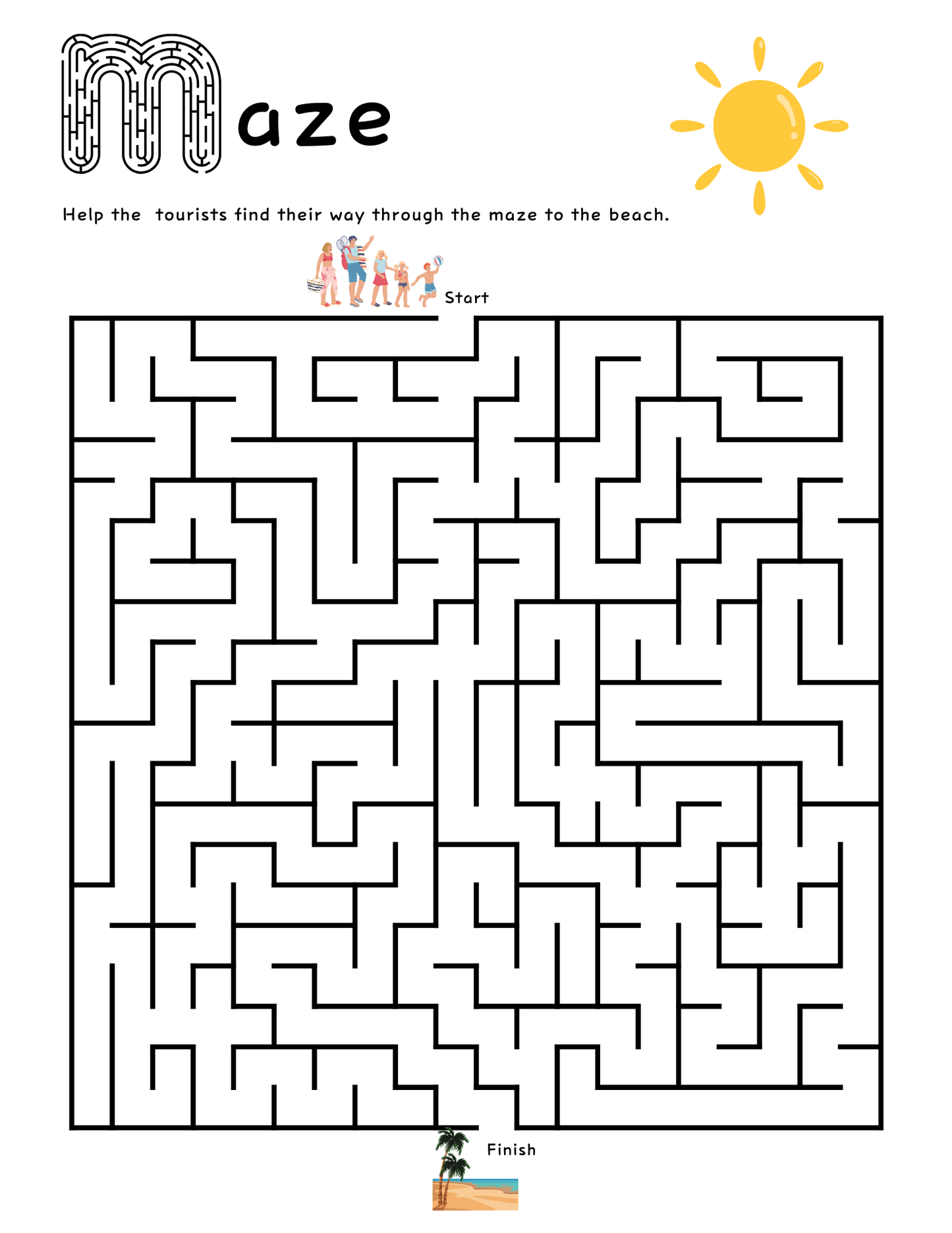 A black-and-white rectangular maze with "Start" at the top (with cartoon tourists) and "Finish" at the bottom (cartoon beach scene), from Wondermom Shop’s Printable Summer Activity Book—a fun, screen-free summer activity.