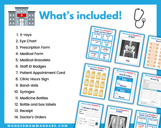 The Wondermom Shop Pretend Play Hospital Printable Kit for Kids includes X-rays, medical forms, staff badges, bottle labels, charts, and more—sample images of each are shown on the right.