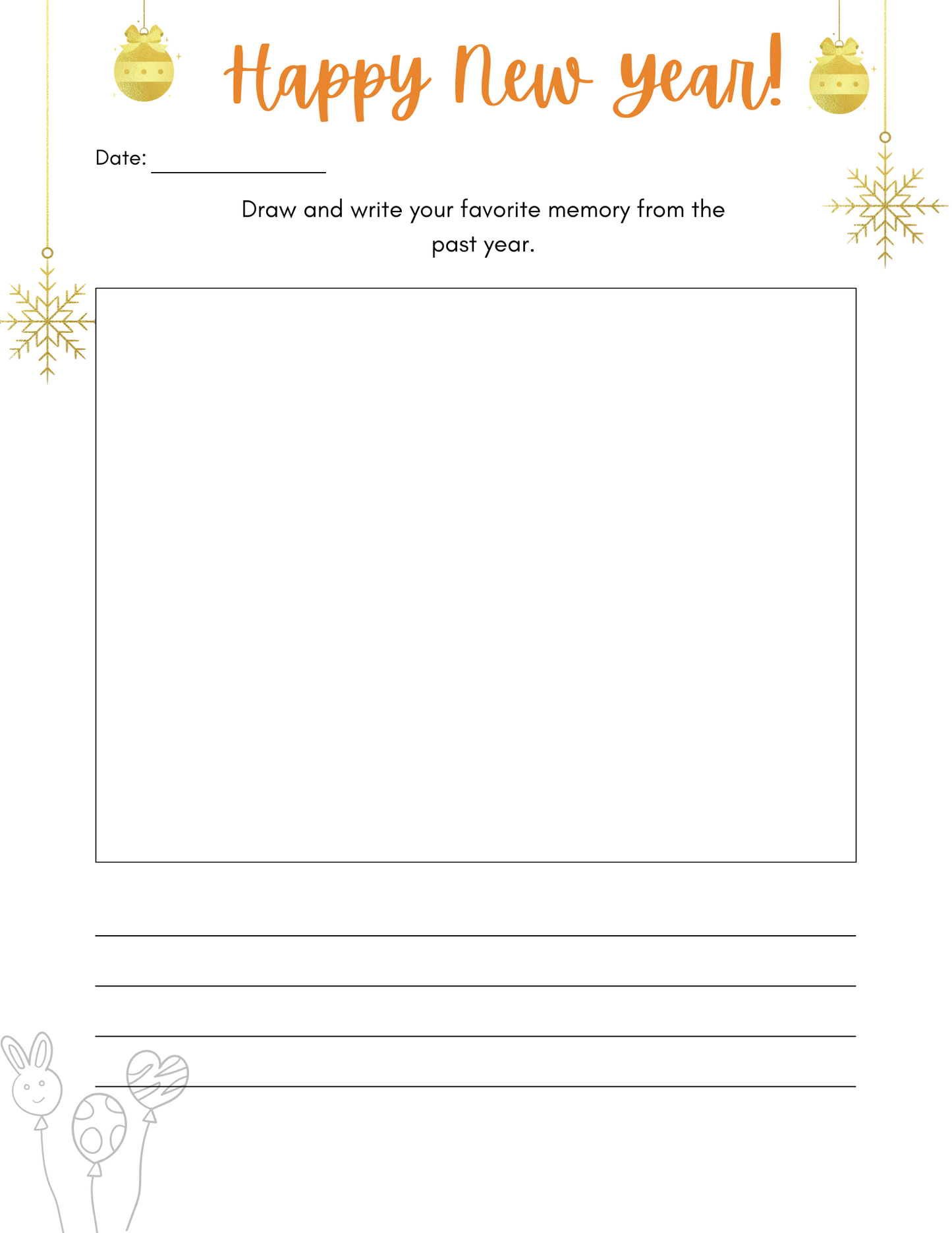 The Wondermom Shop's Kid’s New Year’s Eve Pack includes a themed worksheet with reflection and goal-setting pages, space to draw and write about favorite memories, all beautifully adorned with ornaments and snowflakes.