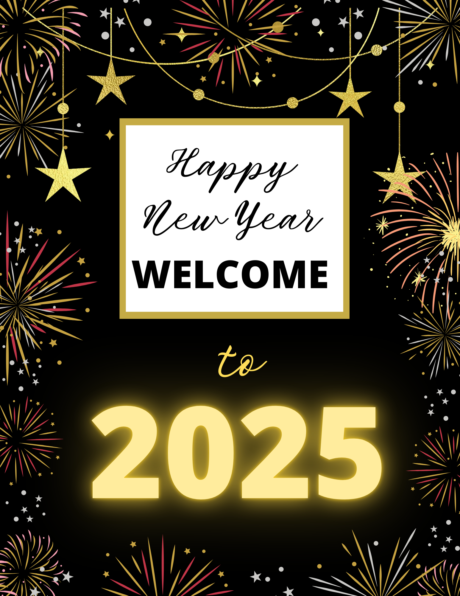 Happy New Year! "Welcome to 2025" text with fireworks and stars on a black background, featuring Wondermom Shop's interactive New Year Countdown Kit to enhance your celebration experience.