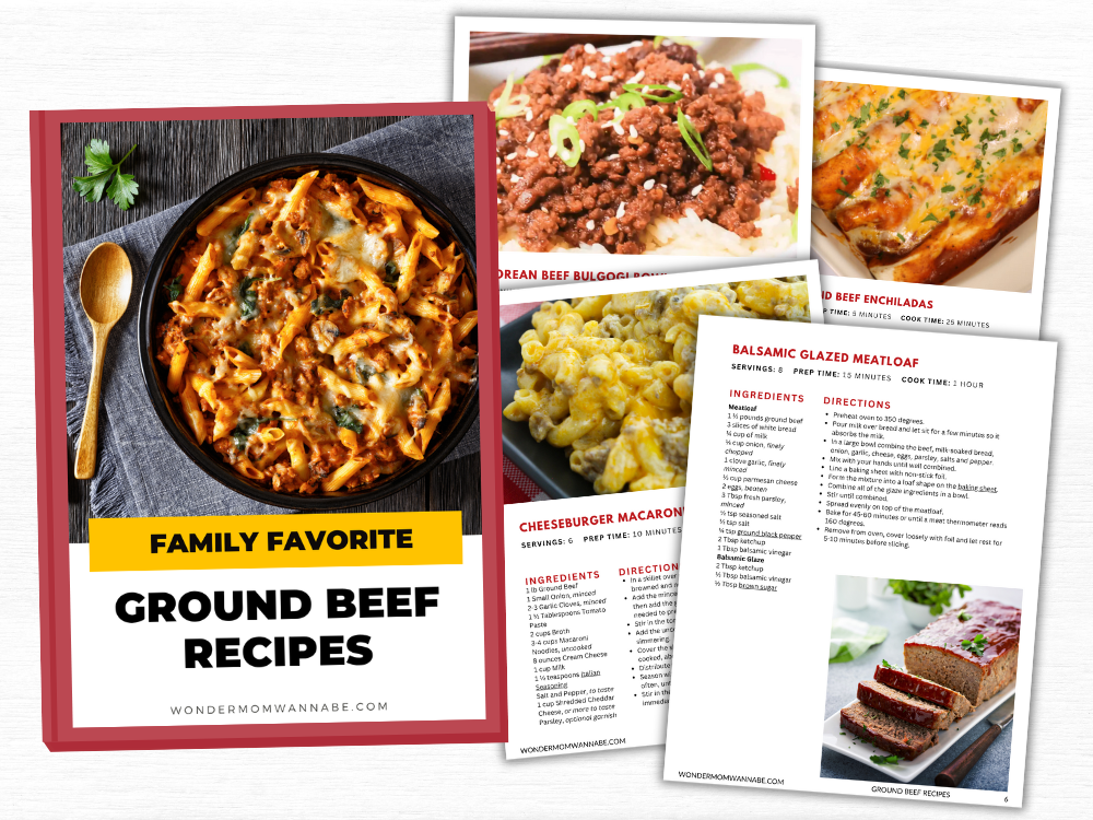 Collage featuring the "Family Favorite Ground Beef Recipes Digital Cookbook" by Wondermom Wannabe, plus recipe cards for bulgogi, enchiladas, macaroni, and glazed meatloaf—delicious, budget-friendly meals with photos of each dish.