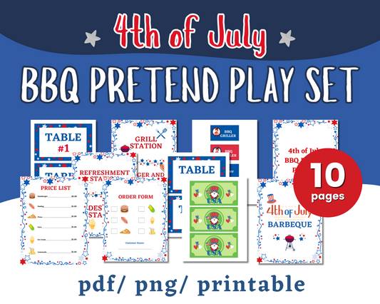 The Wondermom Shop 4th of July BBQ Pretend Play Set includes 10 printable pages—table signs, price lists, and order forms—in festive red, white, and blue. PDF/PNG formats—perfect for imaginative play!.