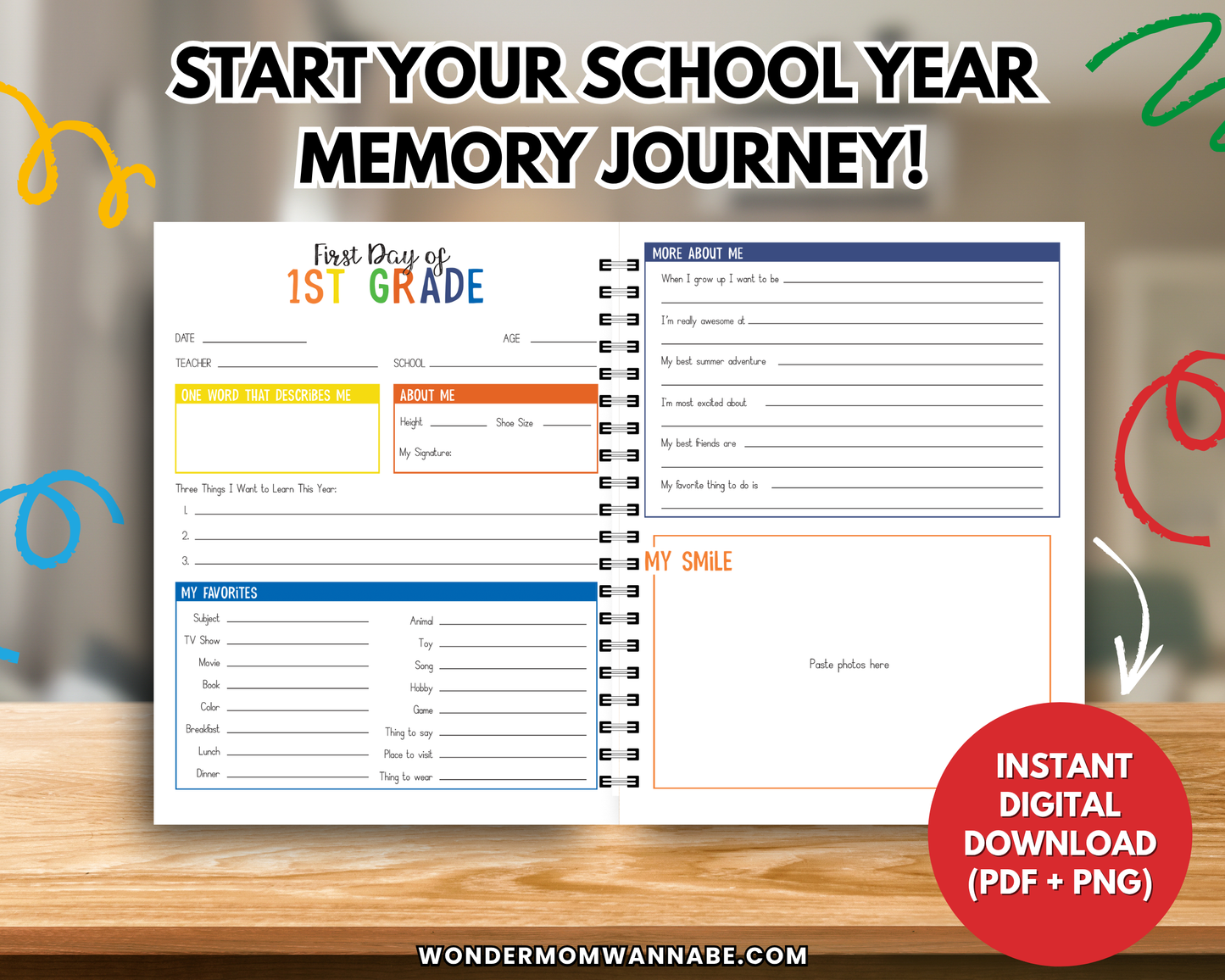 Open the spiral-bound "School Time Capsule" memory book by Wondermom Shop on a desk, with sections to fill out about your child—a perfect digital keepsake and instant download for capturing first day of school memories.