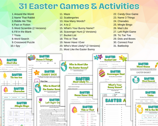 Discover a vibrant range of 31 Easter-themed games and educational activities with the Easter Game Pack by Wondermom Shop, featuring crosswords, word searches, and scavenger hunts for both learning and fun. Explore the various game sheets showcased below.