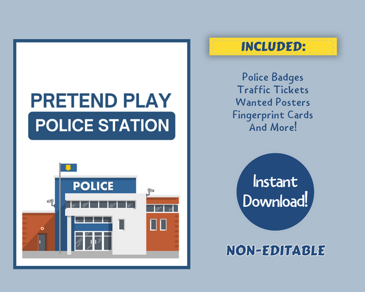 Explore the Wondermom Shop's Police Station Pretend Play kit, which includes police badges, traffic tickets, and fingerprint cards—ideal for budding young police officers. Available for instant download.