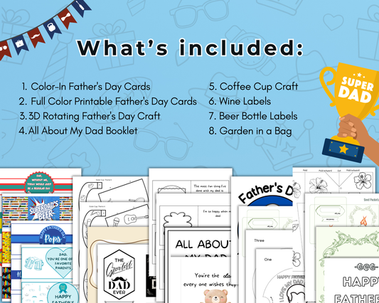 The Wondermom Shop’s Ultimate Father’s Day Printable Bundle features cards, crafts, labels, and a gift bag kit. Image previews of all included activities are displayed at the bottom.