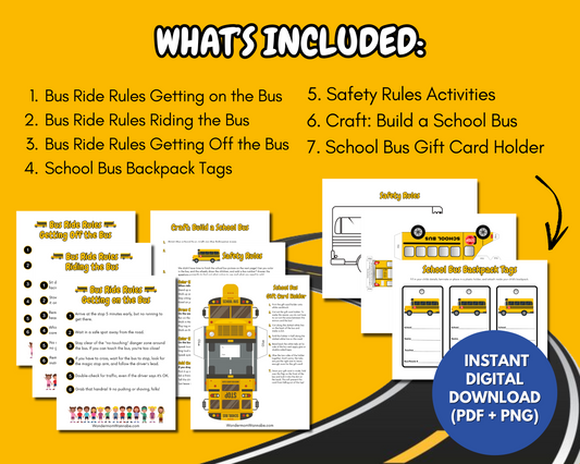 The Wondermom Shop’s School Bus Safety Printable Pack for Kids is a digital download featuring safety rules, activities, crafts, and backpack tags, shown on a yellow background with sample pages.