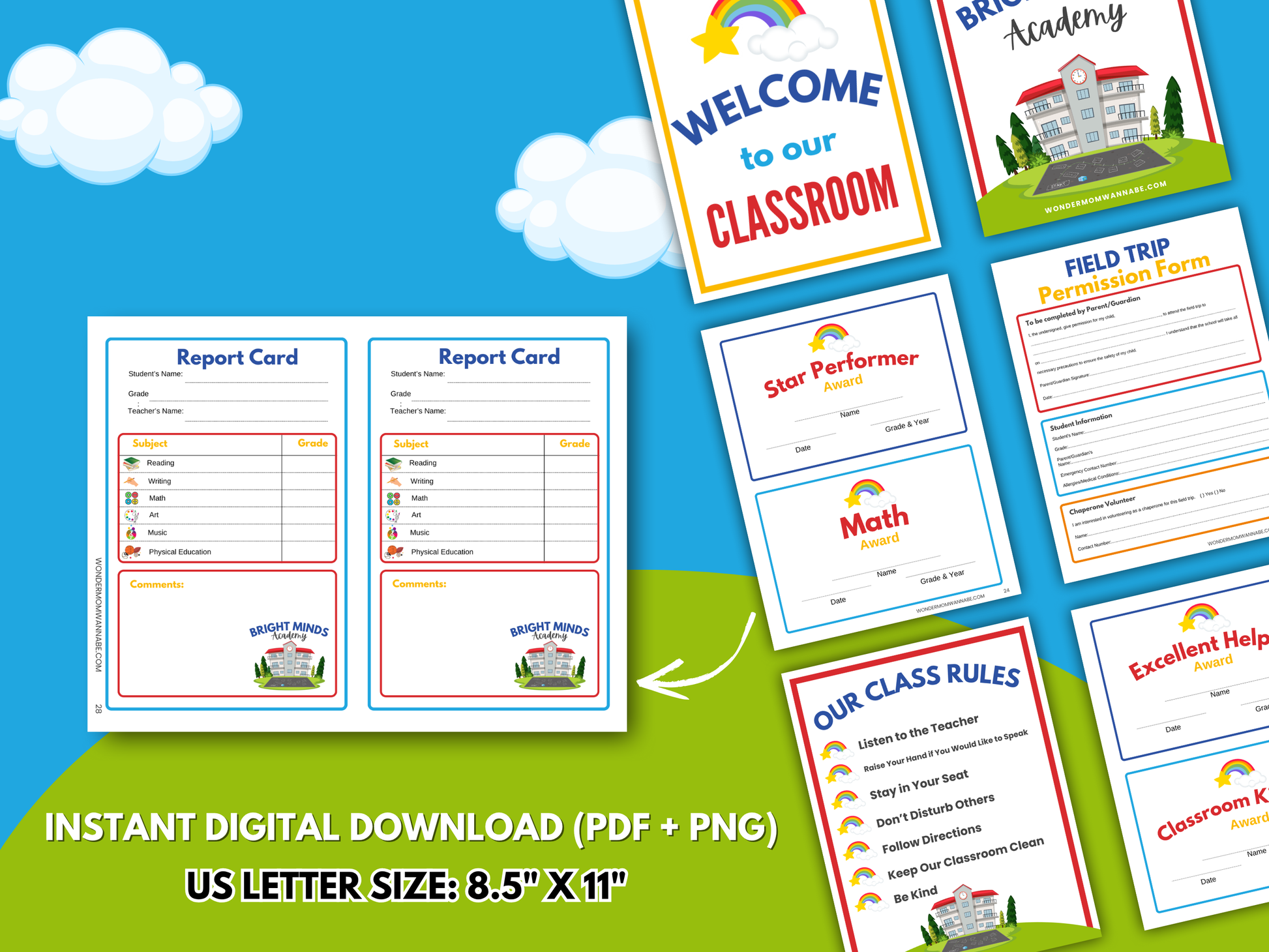 Bright Minds Academy by Wondermom Shop: a colorful printable pretend play school kit for kids, featuring report cards, awards, class rules, permission form, and a welcome sign—perfect for classroom role play!.