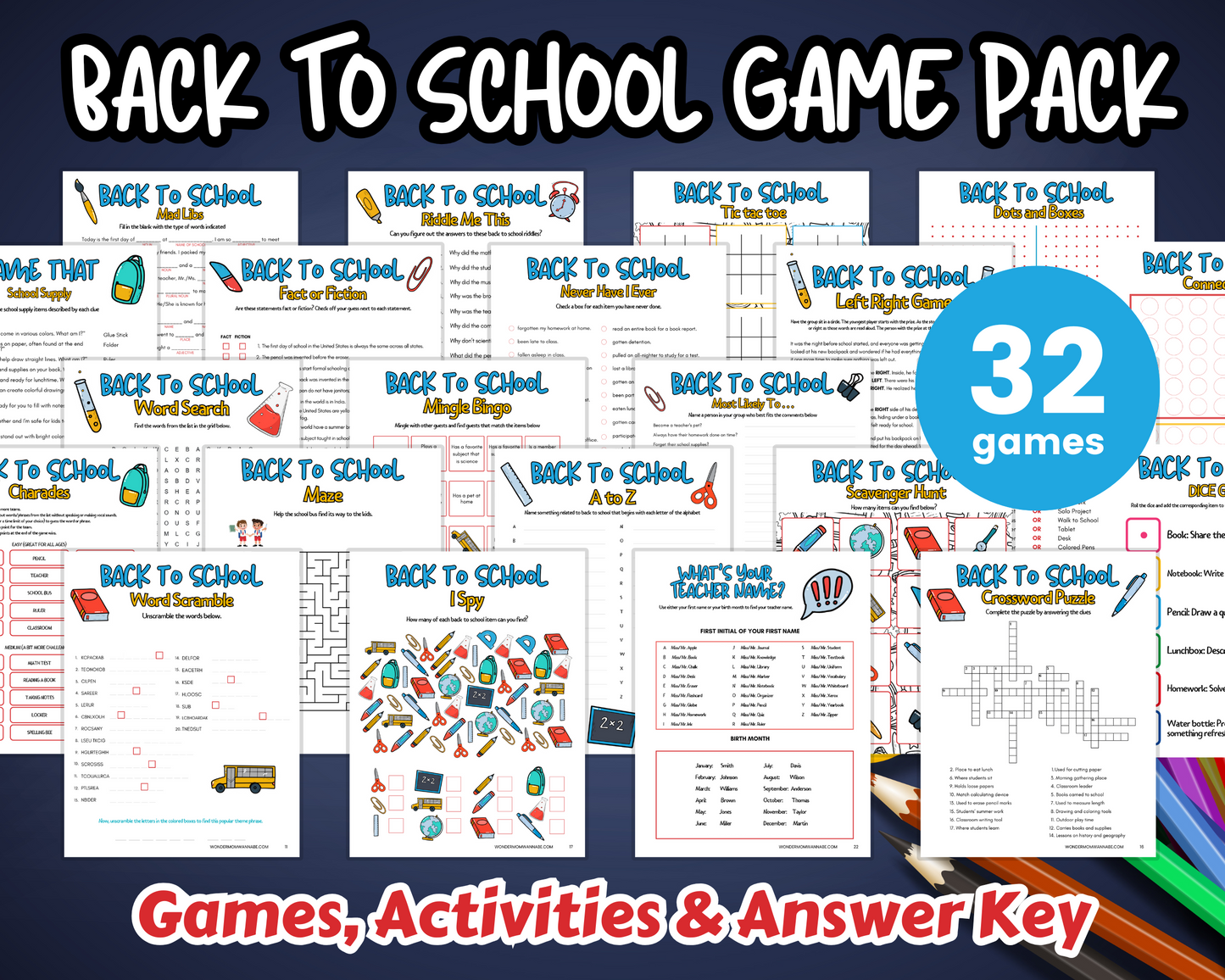 Back to School Game Pack by Wondermom Shop shown as preview sheets with colorful school-themed graphics, featuring 32 printable classroom activities and brain-boosting games for kids.