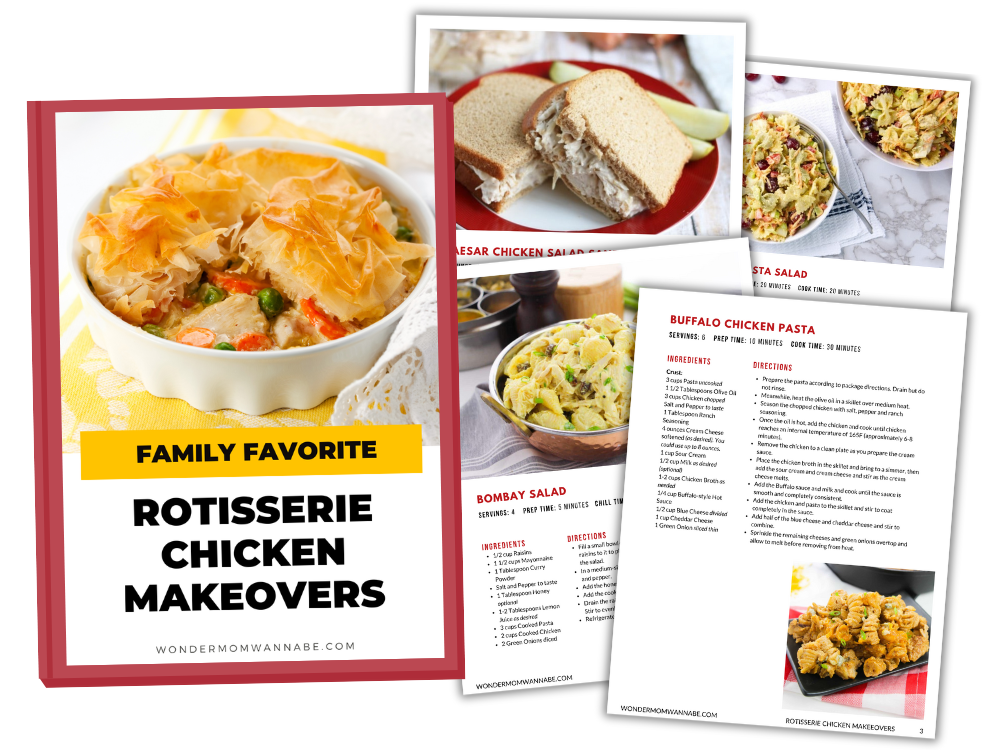 The Family Favorite Rotisserie Chicken Makeovers Digital Cookbook by Wondermom Wannabe features organized, overlapping covers and recipes for salads, pasta, and more—ideal for quick dinners and family meals.