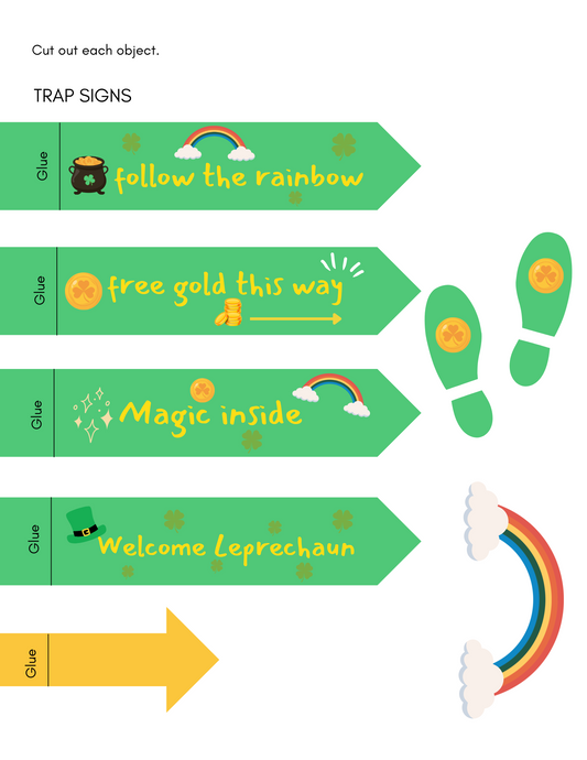 Explore the Wondermom Shop's St. Patrick’s Day Leprechaun Trap Printable set, a fun DIY activity for kids with signs, arrows, "follow the rainbow," and playful graphics guiding you to "free gold this way.
