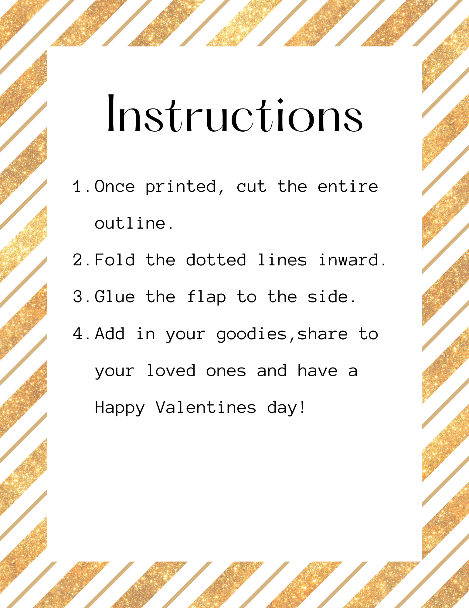 A gold-striped instruction sheet details four steps—cut, fold, glue, add goodies—to create customizable boxes. Inspired by Wondermom Printables' New Year Treat Boxes, they're perfect for Valentine's Day.