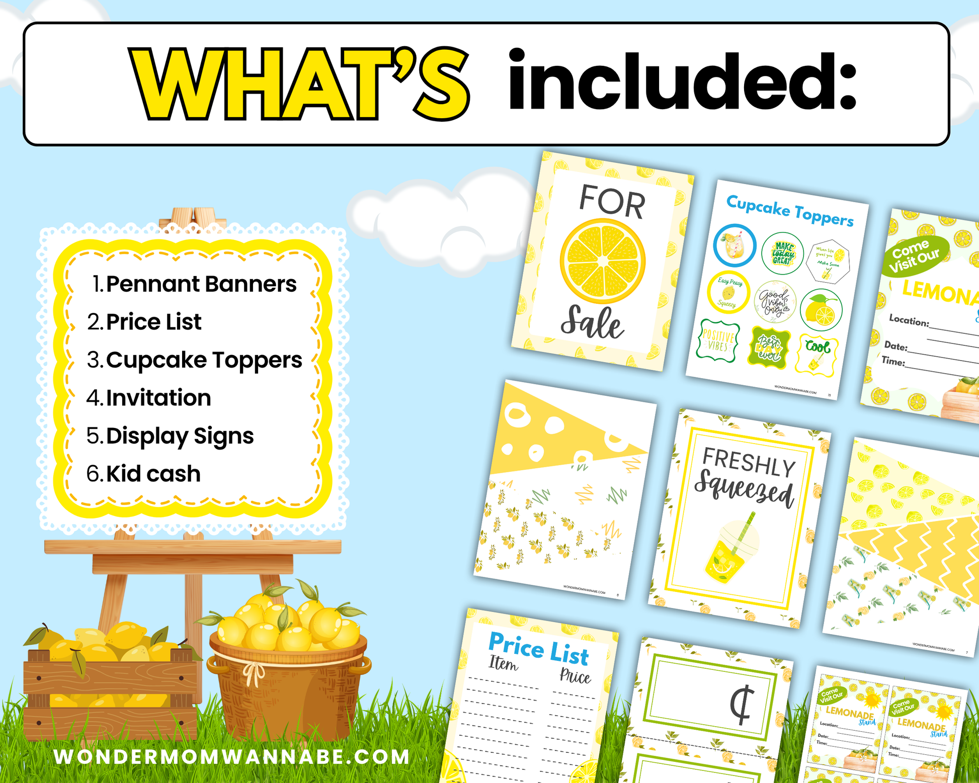 The Lemonade Stand Kit for Kids – Printable Pretend Play Fun! by Wondermom Shop includes pennant banners, price list, cupcake toppers, invitations, display signs, and kid cash—everything needed for a fun pretend play lemonade stand.
