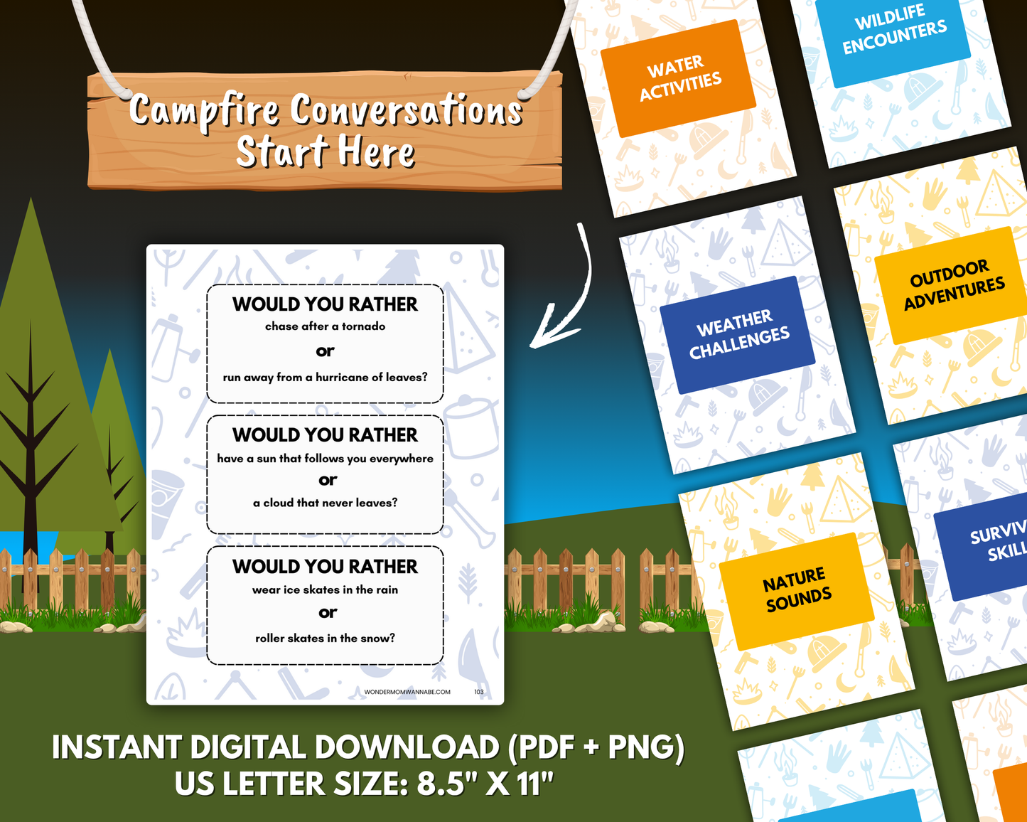 The Would You Rather? Camping Edition – Fun Printable Game for Kids & Families by Wondermom Shop features camping-themed questions on a game sheet, surrounded by cards such as "Water Activities" and "Weather Challenges.