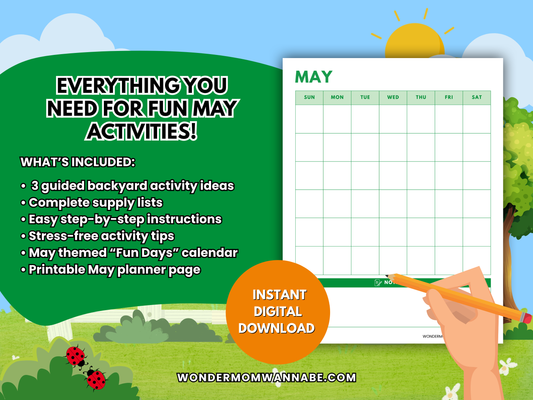 Promotional graphic showing what’s included in the May Family Fun Kit printable download.