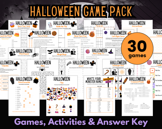 A collage showcasing the "Ultimate Printable Halloween Game Pack" by Wondermom Shop, featuring 30 spooky fun activities, printable Halloween games, and an answer key, displayed against a dark background.
