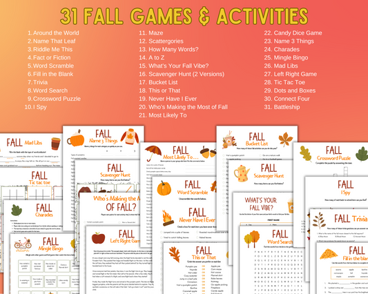 The Ultimate Printable Fall Game Pack from Wondermom Shop features 31 fall games and activities listed in two columns, each accompanied by images of the individual game sheets below. This collection includes scavenger hunts, trivia, and word scrambles set against a background of autumn colors.