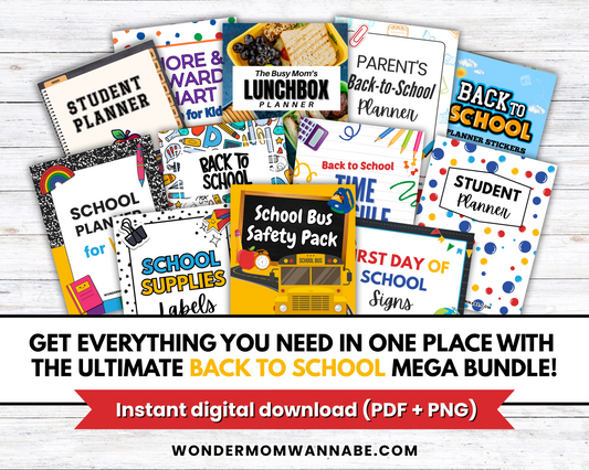 A collection of printable student planners, labels, and stickers is shown above a banner promoting The Ultimate Back-to-School Bundle for Busy Moms—an instant digital download mega bundle from Wondermom Shop.