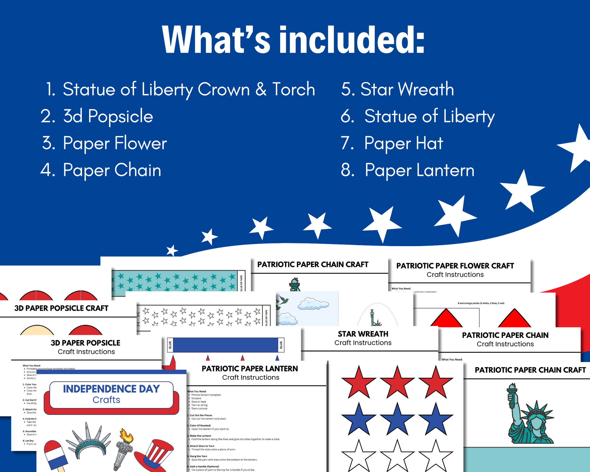 Image shows a list of patriotic projects from Wondermom Shop’s "Stars, Stripes & Scissors: 4th of July Crafts for Kids," featuring project titles and preview sheets on a festive red, white, and blue background.