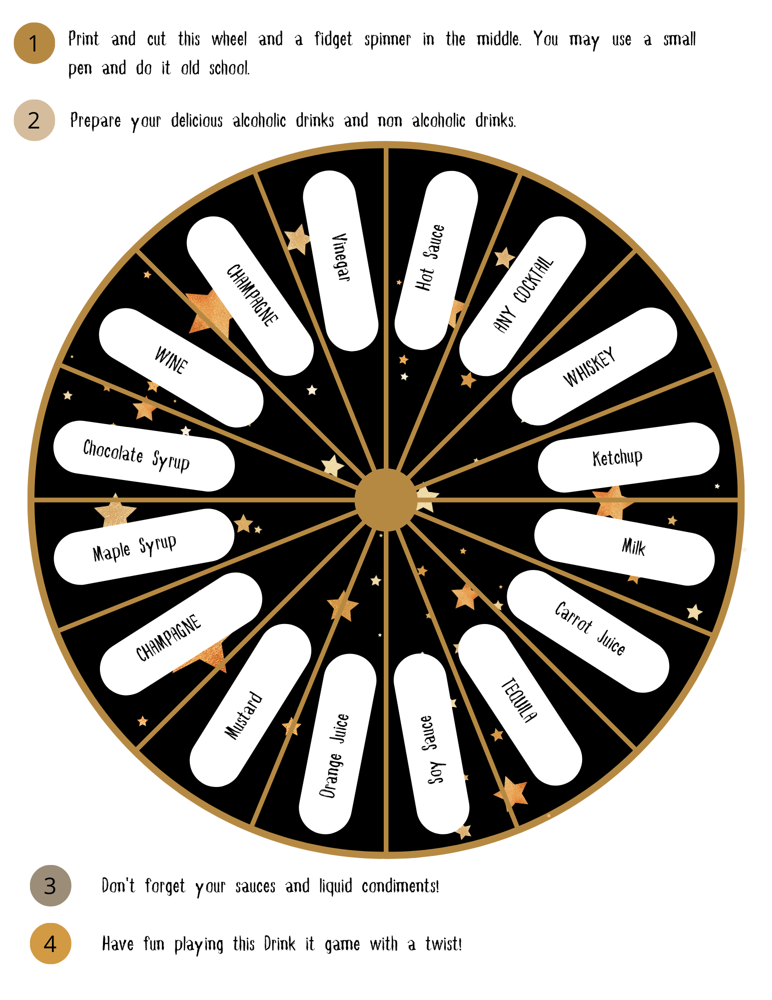 The New Year Drink If Game by Wondermom Printables offers a fun-filled activity with options including whiskey, ketchup, maple syrup, and milk. It's perfect for a spirited New Year's celebration with clear instructions provided above the wheel to guide your experience.