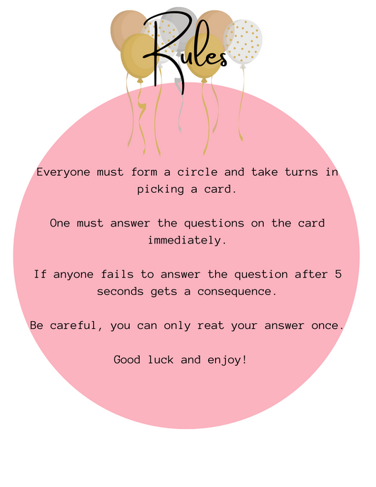 The Best and Worst of the Year Card Game by Wondermom Shop features rules in a pink circle with balloons; pick a card and answer within 5 seconds to avoid fun New Year's consequences.