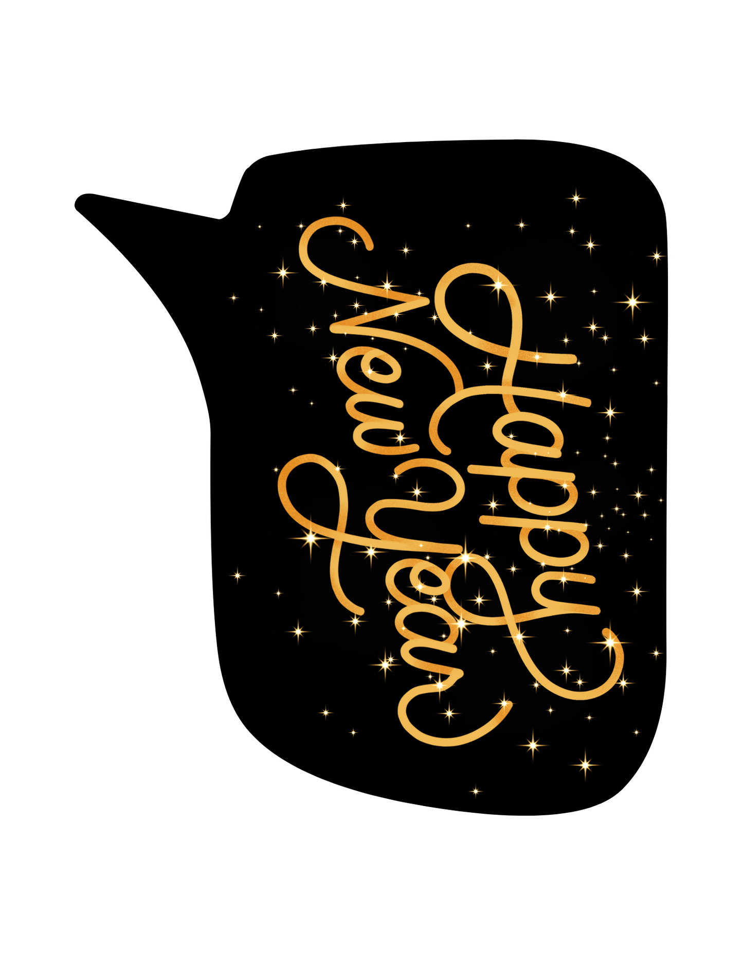 A black speech bubble reading "Happy New Year" in golden cursive, surrounded by sparkles—ideal as a 2025 New Year Photo Booth Prop from Wondermom Shop for festive fun at your New Year's Eve party.
