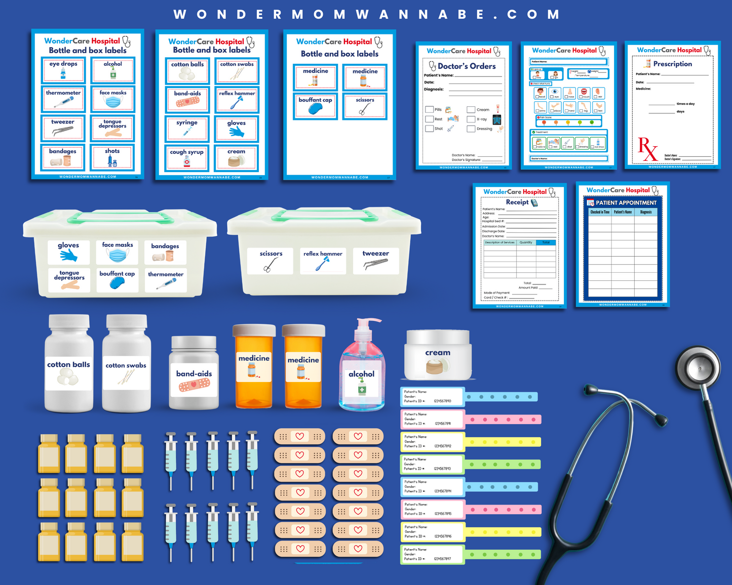 The Wondermom Shop Pretend Play Hospital Printable Kit for Kids includes X-rays, medical forms, staff badges, labels, storage bins, wristbands, syringes, stethoscope, and medicine bottles—perfect for dramatic play!.