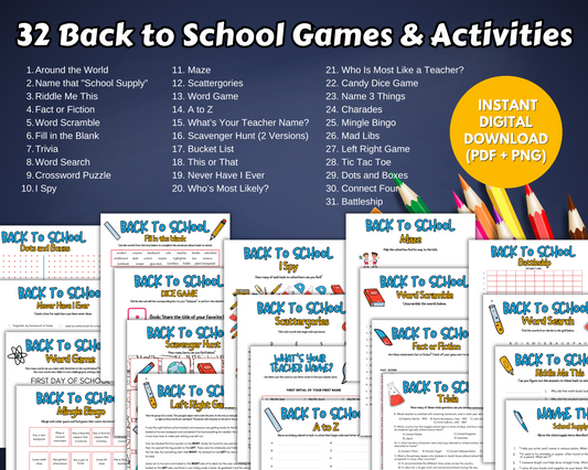 A promotional graphic for Wondermom Shop’s Back to School Game Pack, featuring 32 printable classroom games and activities with sample worksheets shown and text highlighting instant digital download.