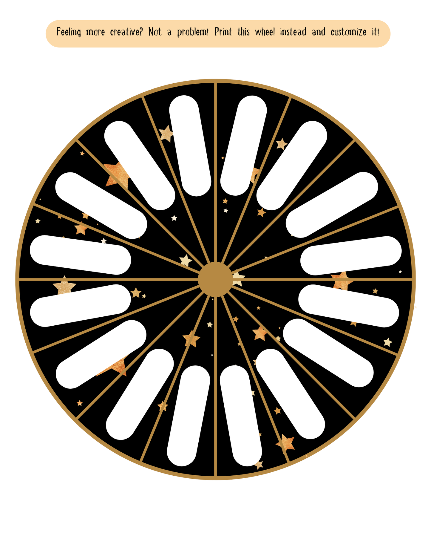 The New Year Drink If Game by Wondermom Printables features a black wheel with 16 white sections, gold stars, and a gold border—ideal for a fun-filled New Year's celebration or an exciting game round.