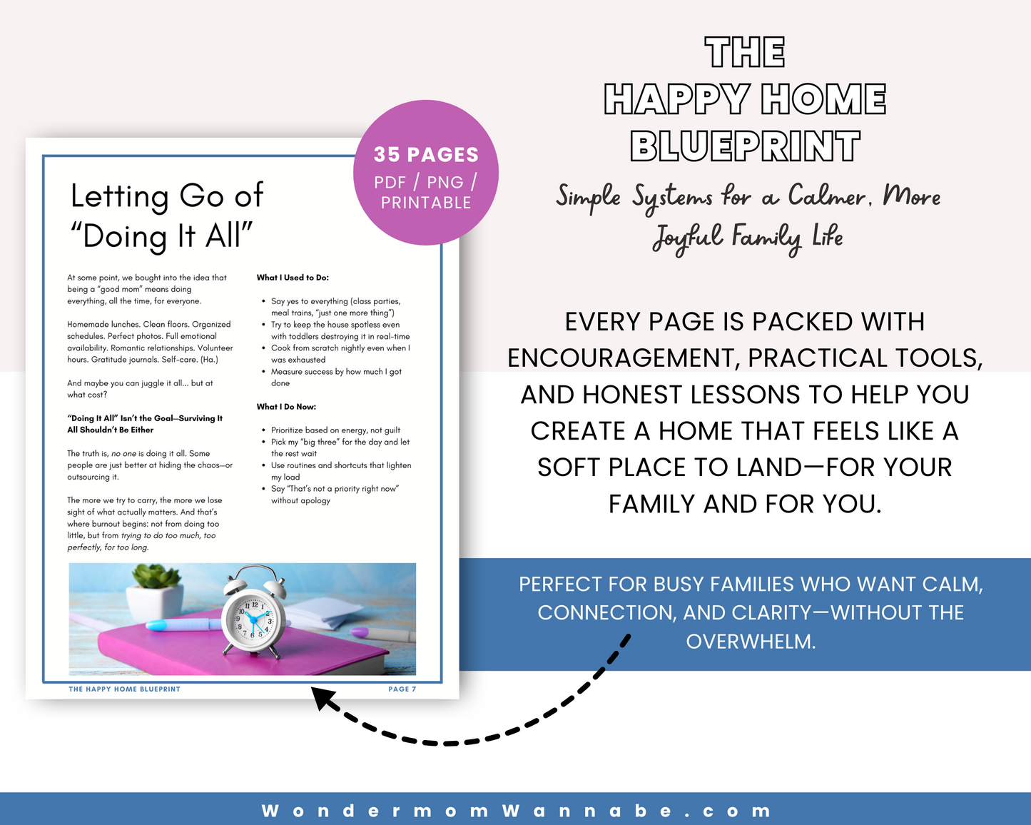 Promotional image for The Happy Home Blueprint: A Simple Guide to a Calmer, More Joyful Family Life by Wondermom Shop—showing a sample page, key content, and routine-simplifying tips for busy families seeking calm and stronger connections.