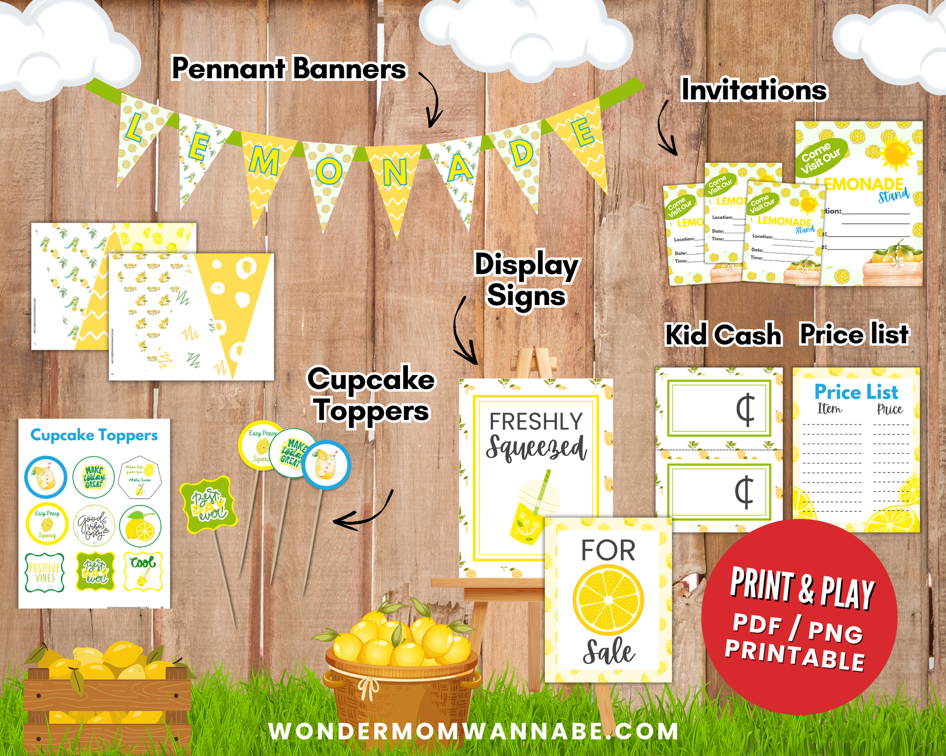The Lemonade Stand Kit for Kids – Printable Pretend Play Fun! by Wondermom Shop includes pennant banners, invitations, signs, kid cash, a price list, and cupcake toppers in cheerful yellow, green, and white lemon designs.