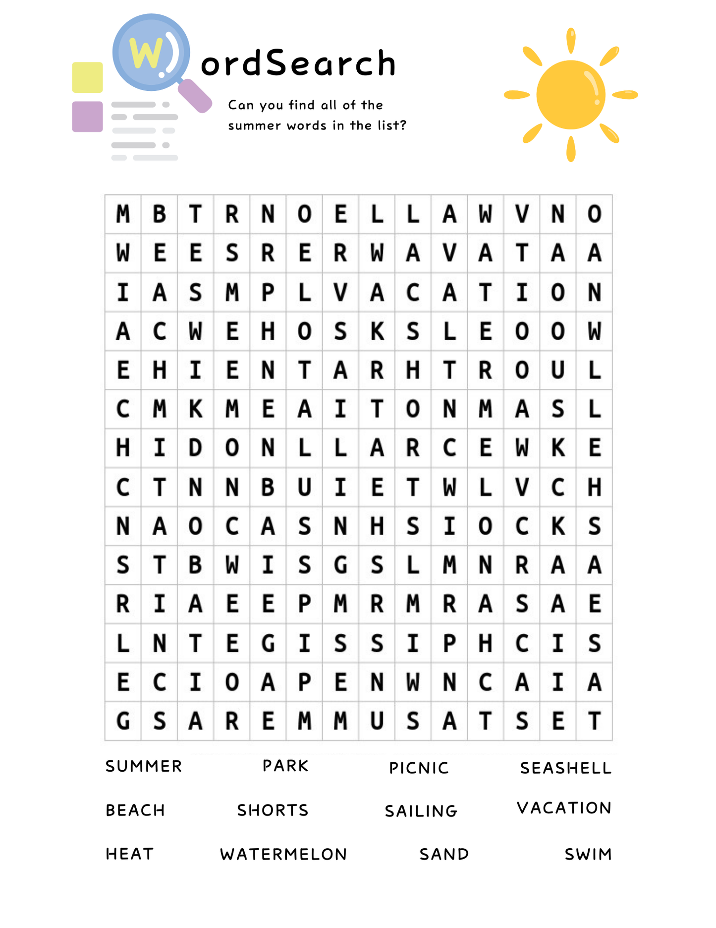 The Printable Summer Activity Book by Wondermom Shop features a summer-themed word search with a sun design and words like SUMMER, BEACH, SHORTS, and VACATION—offering instant printable fun for kids.