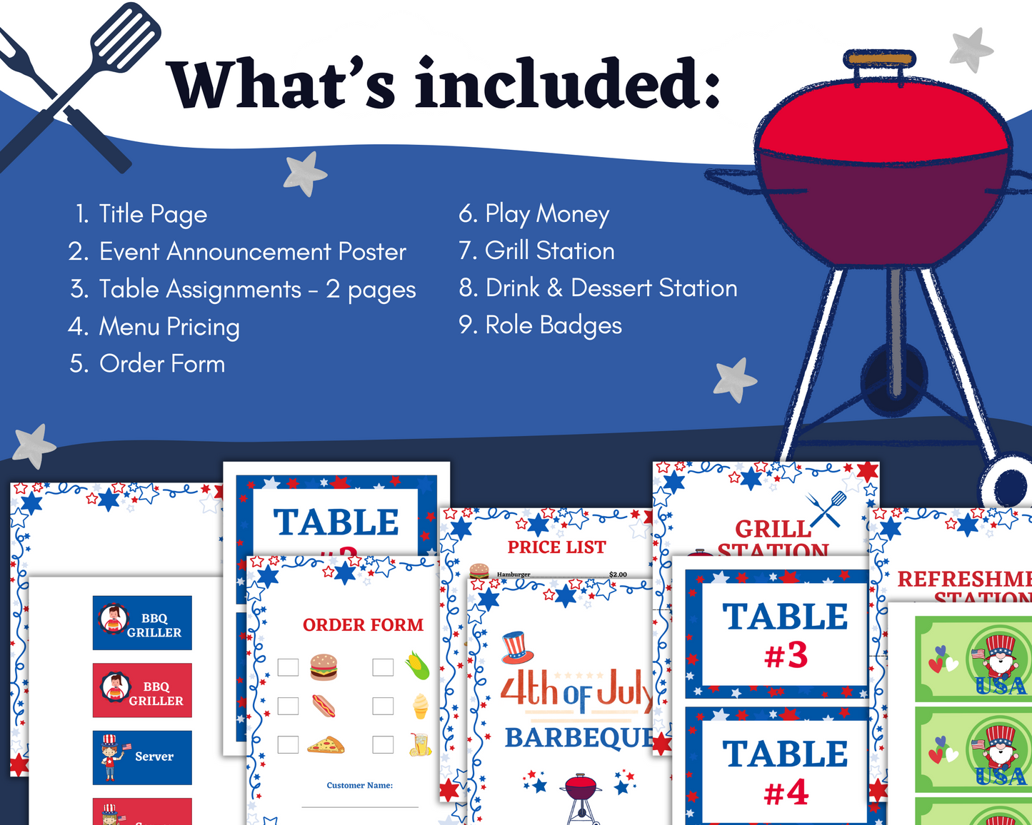A graphic showcases the Wondermom Shop 4th of July BBQ Pretend Play Set, featuring printable signs, forms, and a festive red grill for your pretend party.