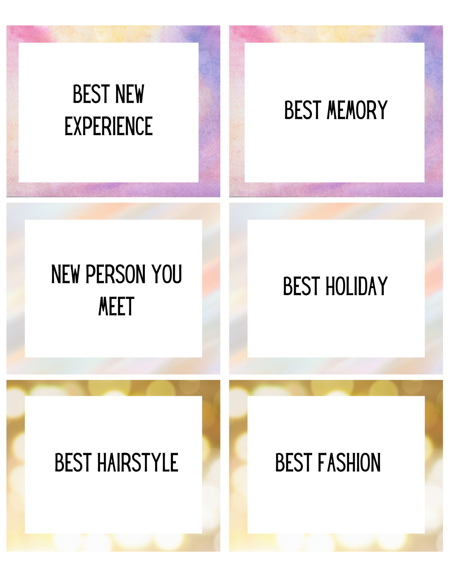 The Best and Worst of the Year Card Game by Wondermom Shop features six cards with text like "Best New Experience" and "Best Memory" on colorful backgrounds, ideal for sparking meaningful conversations during New Year's celebrations.