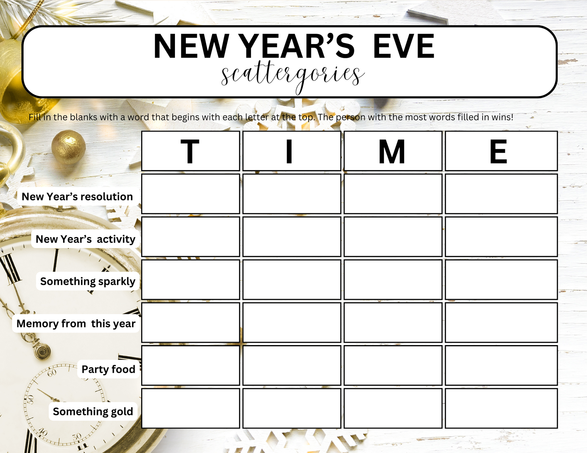 Celebrate with Wondermom Shop's New Year's Eve Scattergories game sheet, featuring categories like resolutions, festive activities, something sparkly, memories from this year, party food, and something gold. This printable promises endless fun for your countdown celebration!.