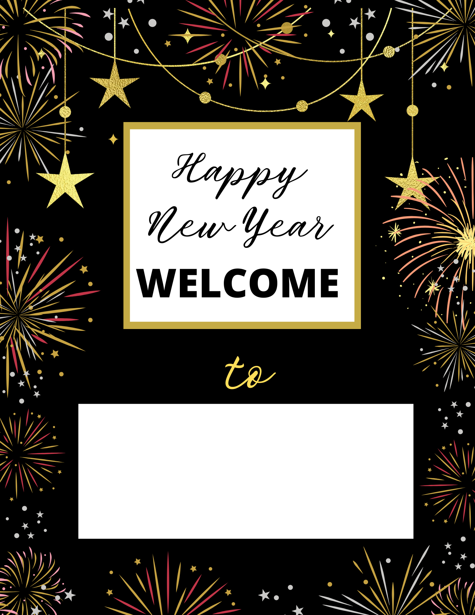 The New Year Countdown Kit by Wondermom Shop features a festive greeting card with colorful fireworks and stars on a black background, plus an interactive countdown board, letting you add your own text to celebrate the New Year in style.