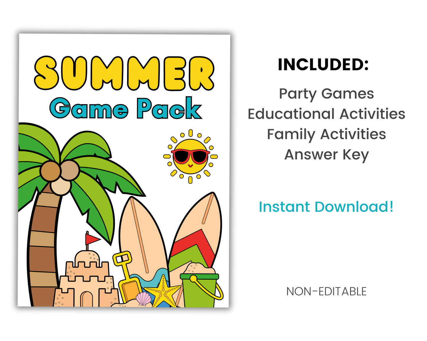 Cover image of the "Summer Game Pack" by Wondermom Shop, featuring illustrations of a palm tree, sandcastle, surfboards, and other beach items with text listing included contents: Party Games, Educational Activities, Family Activities, and Answer Key.