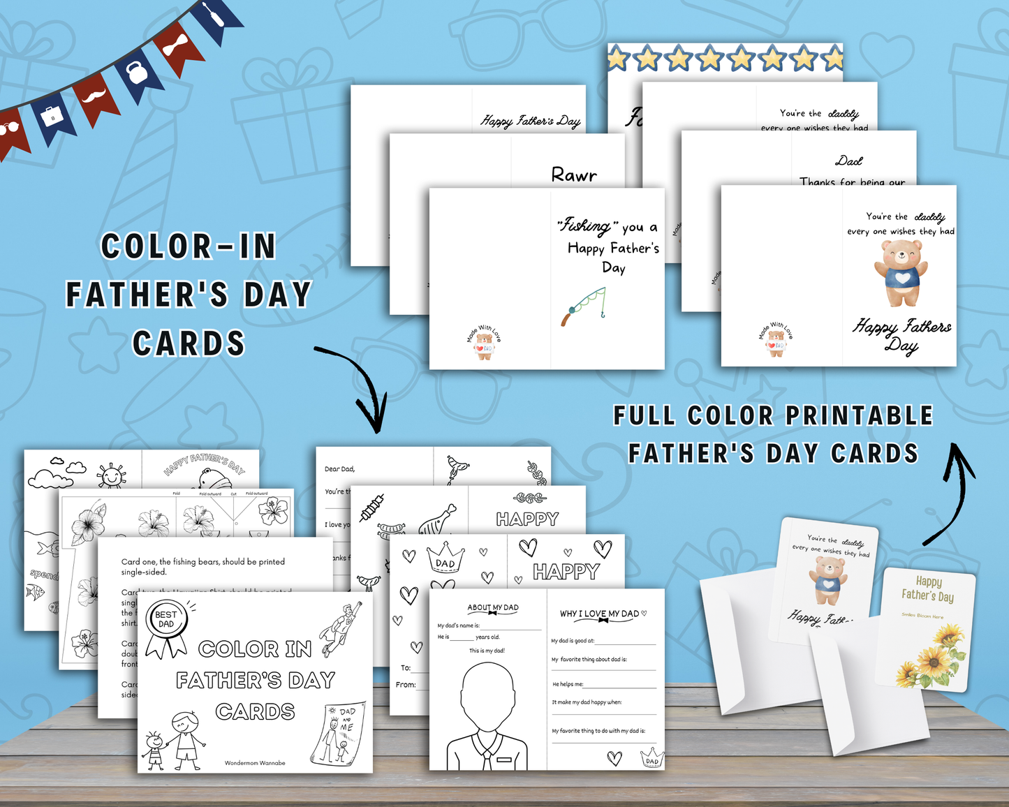 The Ultimate Father’s Day Printable Bundle by Wondermom Shop—featuring cards, crafts, labels, and a gift bag kit—includes color-in and full-color cards styled as keepsakes, displayed on wood with a blue illustrated background.